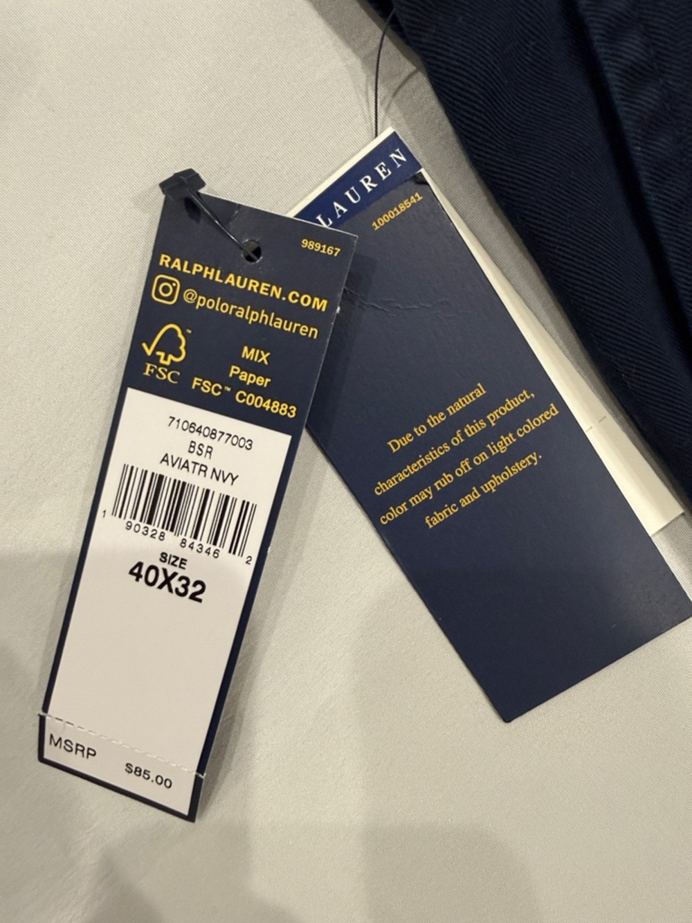 NWT Polo Ralph Lauren Navy Men's Chino Pants - Slim Fit— 40x32 - Picture 9 of 9